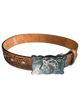 Kids Double S Belt Brown Leather Tooled Western Belt Silver Horse Buckle 18”